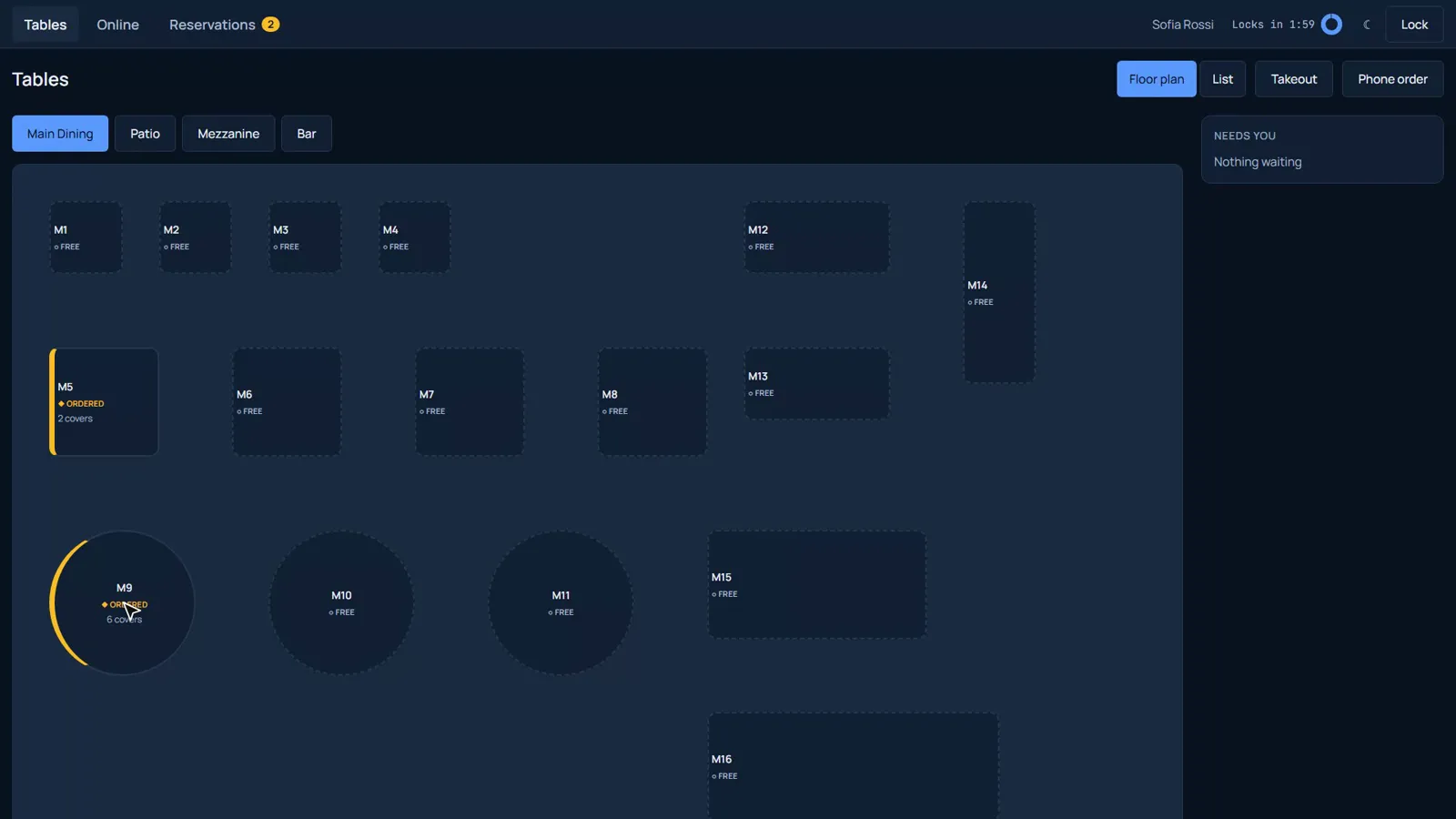 Till floor plan with table statuses