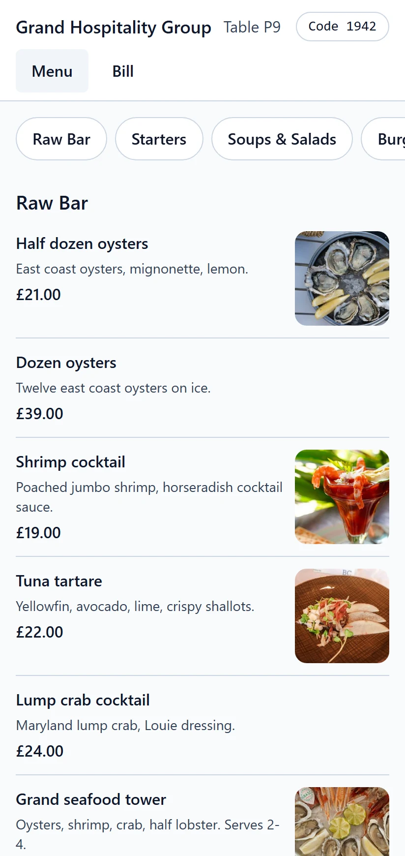 The menu on a guest's phone after scanning the table's QR code